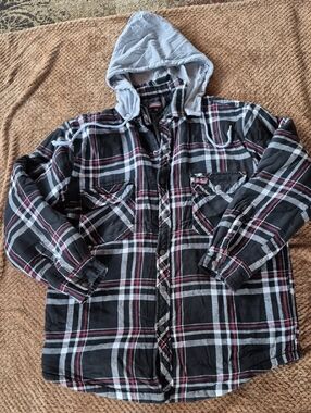 Dickies Black Plaid Hooded Shirt Jacket with Gray Hood and Red Accents